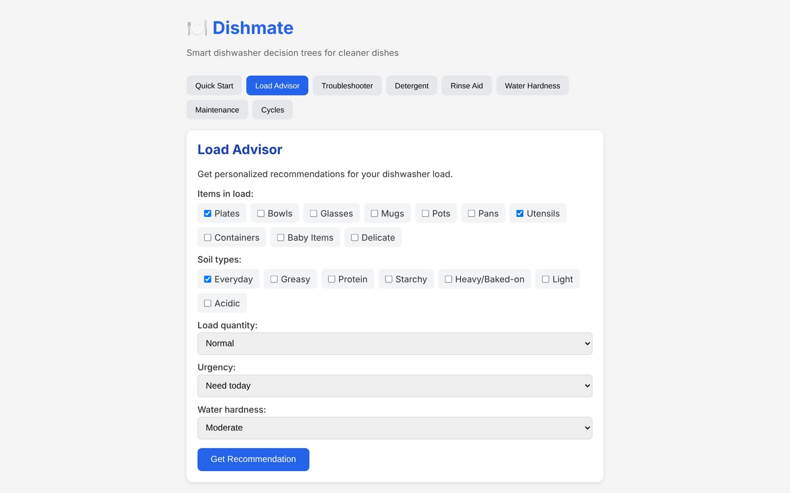 Dishmate load advisor: pick what is in the load, the soil type and water hardness