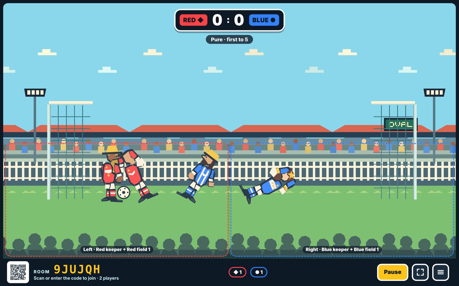 A Physical Soccer match: blocky red and blue footballers tangle near the ball in a cartoon stadium