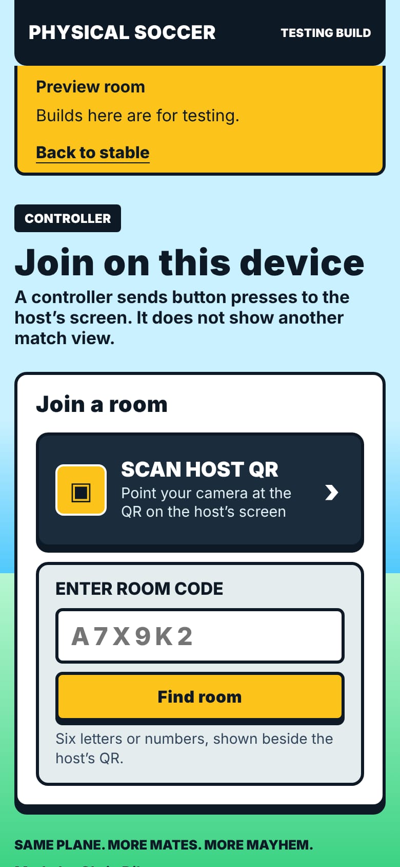 The phone join screen: scan the host QR or enter a room code